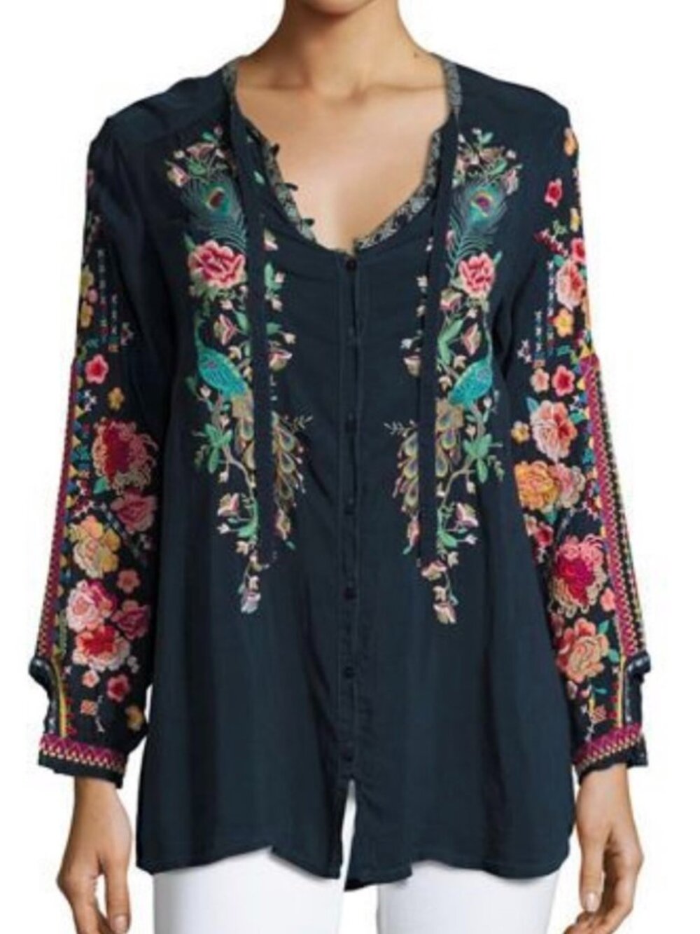 Johnny Was Navy Floral Peacock Embroidered Sable Blouse